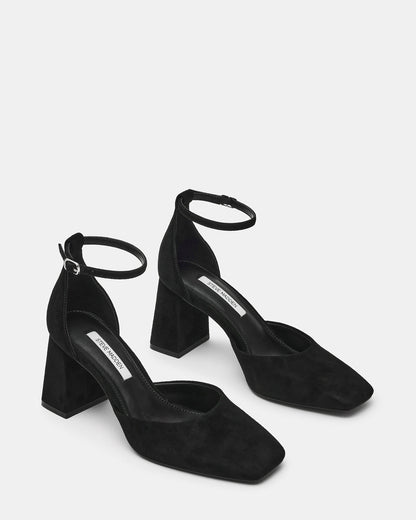 HARTLYN Black Suede Square-Toe Block Heel Ankle Strap Women's Heel | Steve Madden Trusted