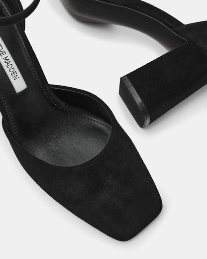 HARTLYN Black Suede Square-Toe Block Heel Ankle Strap Women's Heel | Steve Madden Trusted