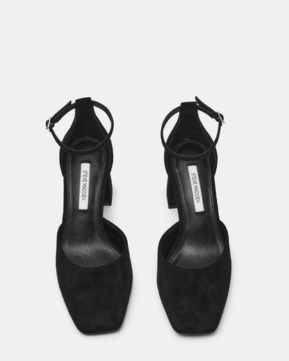 HARTLYN Black Suede Square-Toe Block Heel Ankle Strap Women's Heel | Steve Madden Trusted
