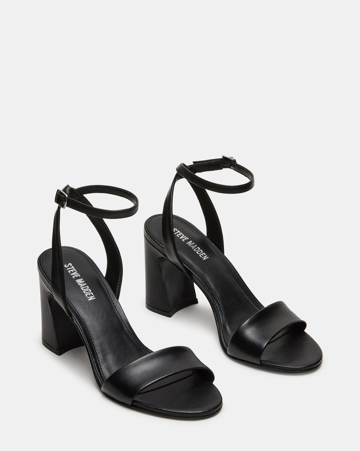 LARAH Black Leather Rounded Toe Block Heel Women's Heel | Steve Madden New