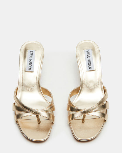 CARY Gold Leather Square-Toe Strappy Mule Women's Heel | Steve Madden Customer Favorite
