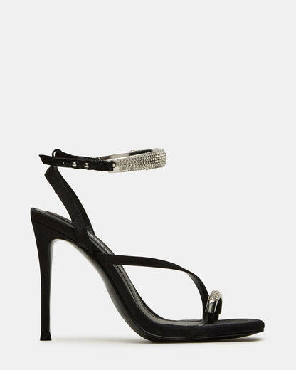 TIA Rhinestones Black Satin Open-Toe Stiletto Women's Heel | Steve Madden New