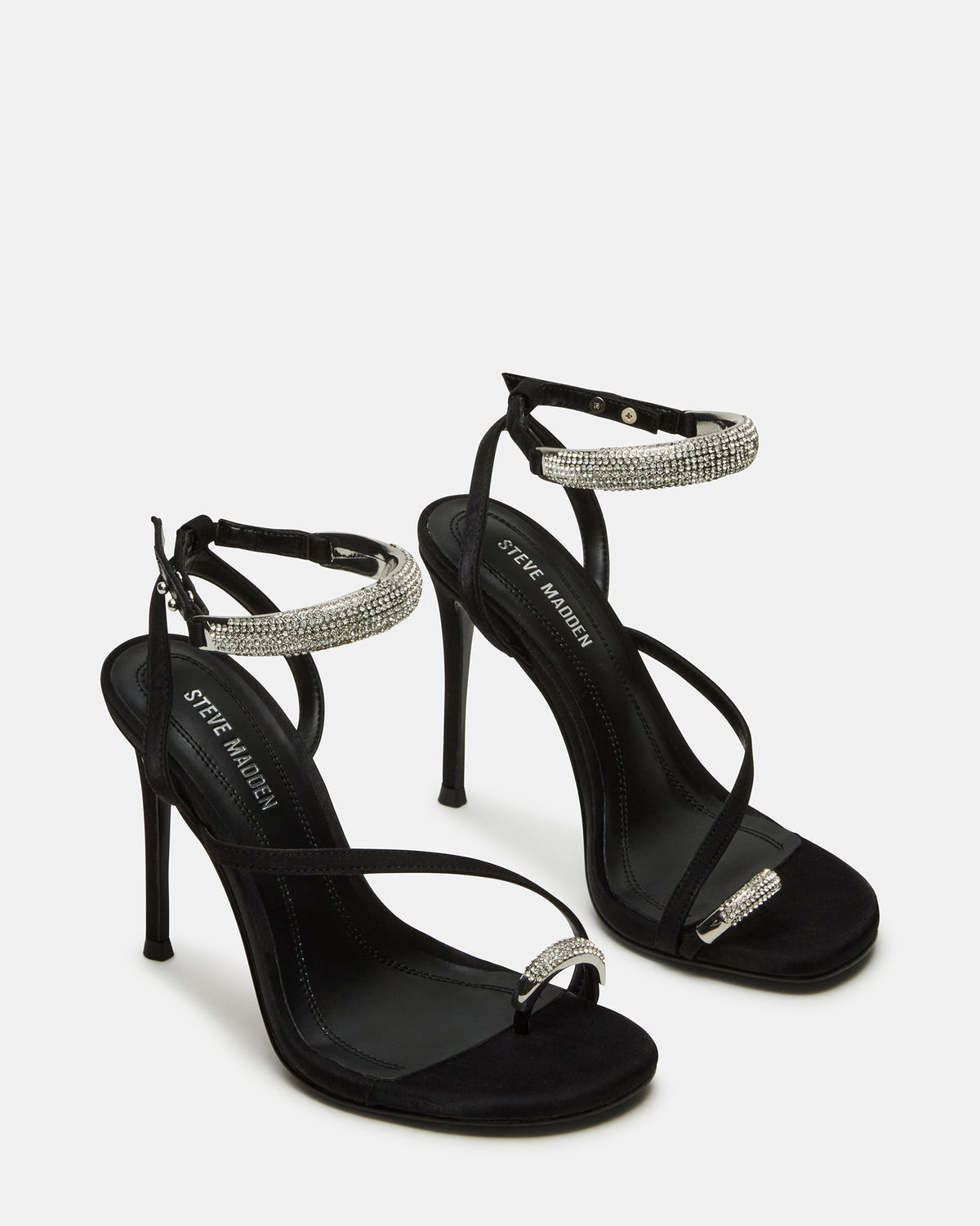 TIA Rhinestones Black Satin Open-Toe Stiletto Women's Heel | Steve Madden New