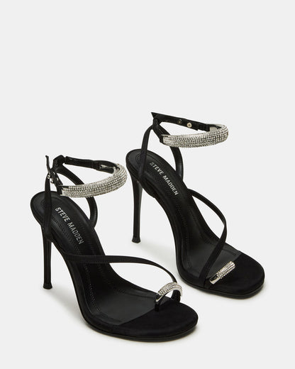 TIA Rhinestones Black Satin Open-Toe Stiletto Women's Heel | Steve Madden New