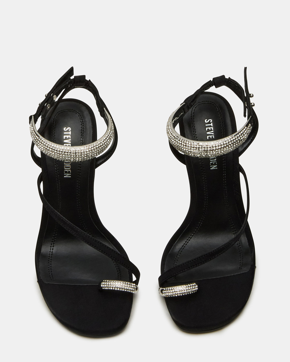 TIA Rhinestones Black Satin Open-Toe Stiletto Women's Heel | Steve Madden New