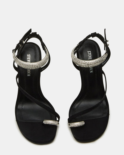 TIA Rhinestones Black Satin Open-Toe Stiletto Women's Heel | Steve Madden New