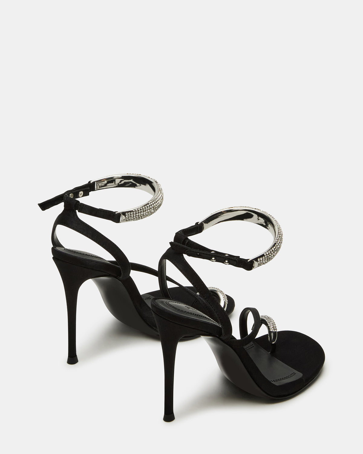 TIA Rhinestones Black Satin Open-Toe Stiletto Women's Heel | Steve Madden New