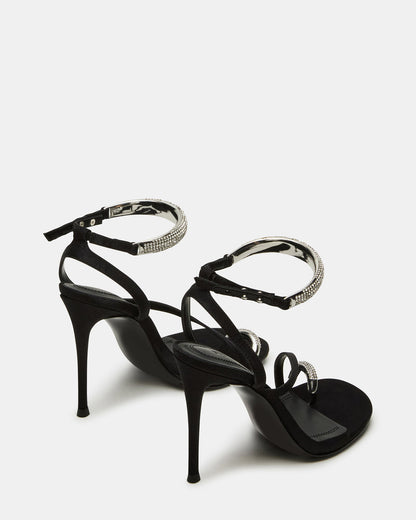 TIA Rhinestones Black Satin Open-Toe Stiletto Women's Heel | Steve Madden New