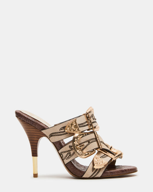 FARRA White Distressed Western-Inspired Stiletto Buckle Mule Women's Heel | Steve Madden Essential
