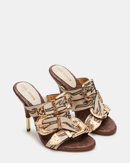 FARRA White Distressed Western-Inspired Stiletto Buckle Mule Women's Heel | Steve Madden Essential