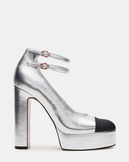 PEYTON Silver Leather Block Heel Platform Women's Heel | Steve Madden Featured