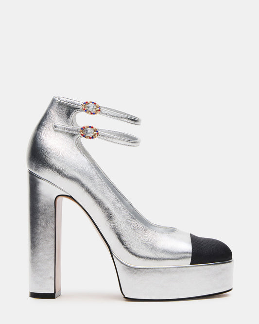 PEYTON Silver Leather Block Heel Platform Women's Heel | Steve Madden Featured