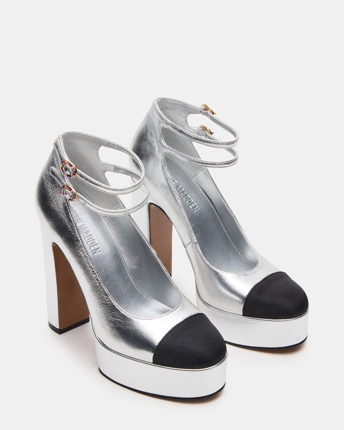 PEYTON Silver Leather Block Heel Platform Women's Heel | Steve Madden Featured