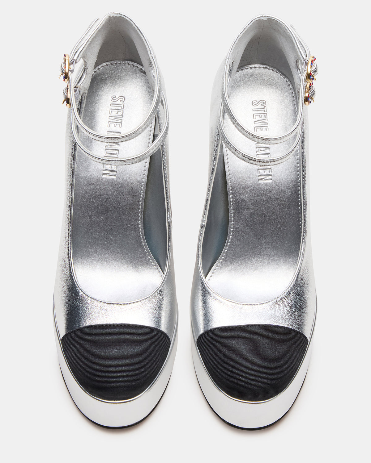 PEYTON Silver Leather Block Heel Platform Women's Heel | Steve Madden Featured