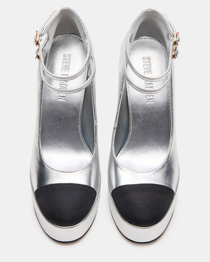 PEYTON Silver Leather Block Heel Platform Women's Heel | Steve Madden Featured