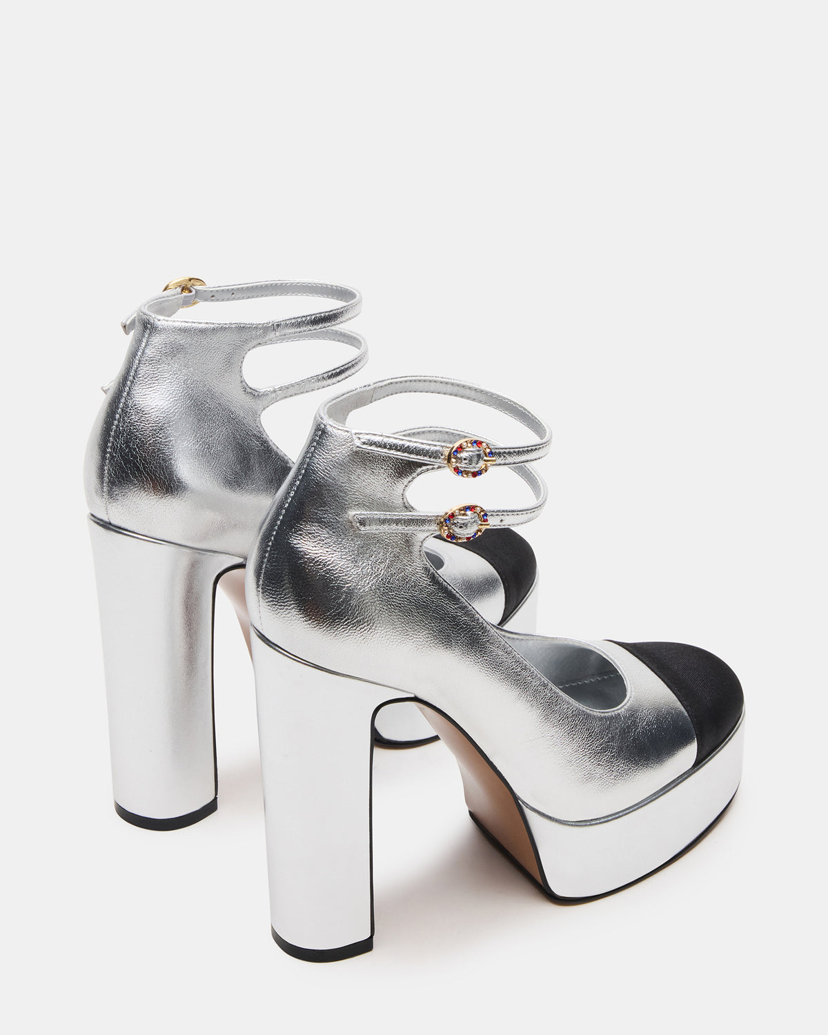 PEYTON Silver Leather Block Heel Platform Women's Heel | Steve Madden Featured