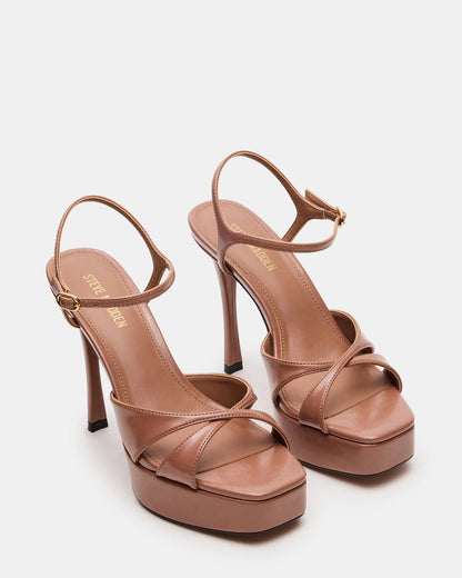 SCARLET Mocha Square-Toe Strappy Platform Women's Heel | Steve Madden Quality
