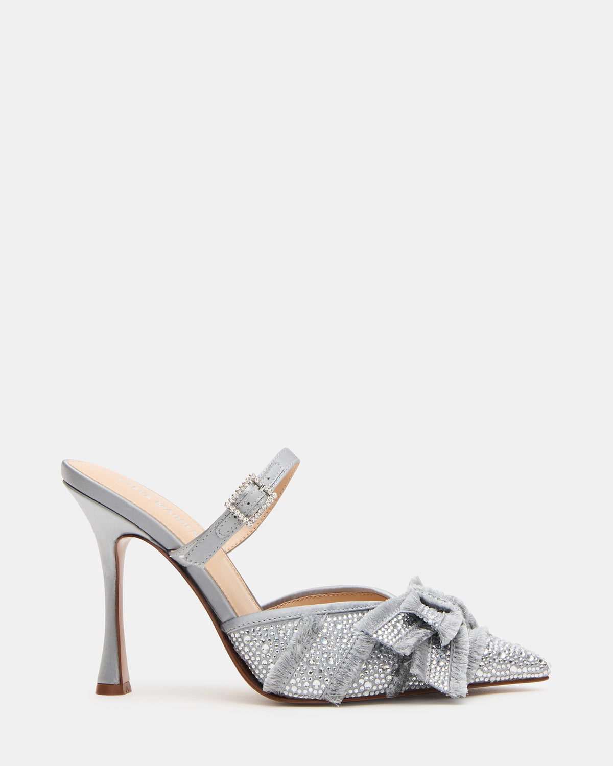 BAYLIN Grey Satin Rhinestones Bow Pointed-Toe Stiletto Women's Heel | Steve Madden Latest