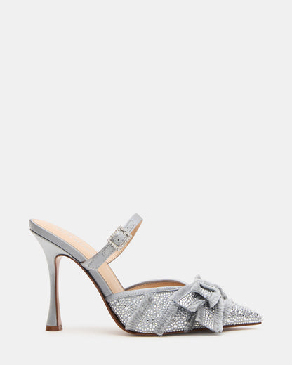BAYLIN Grey Satin Rhinestones Bow Pointed-Toe Stiletto Women's Heel | Steve Madden Latest