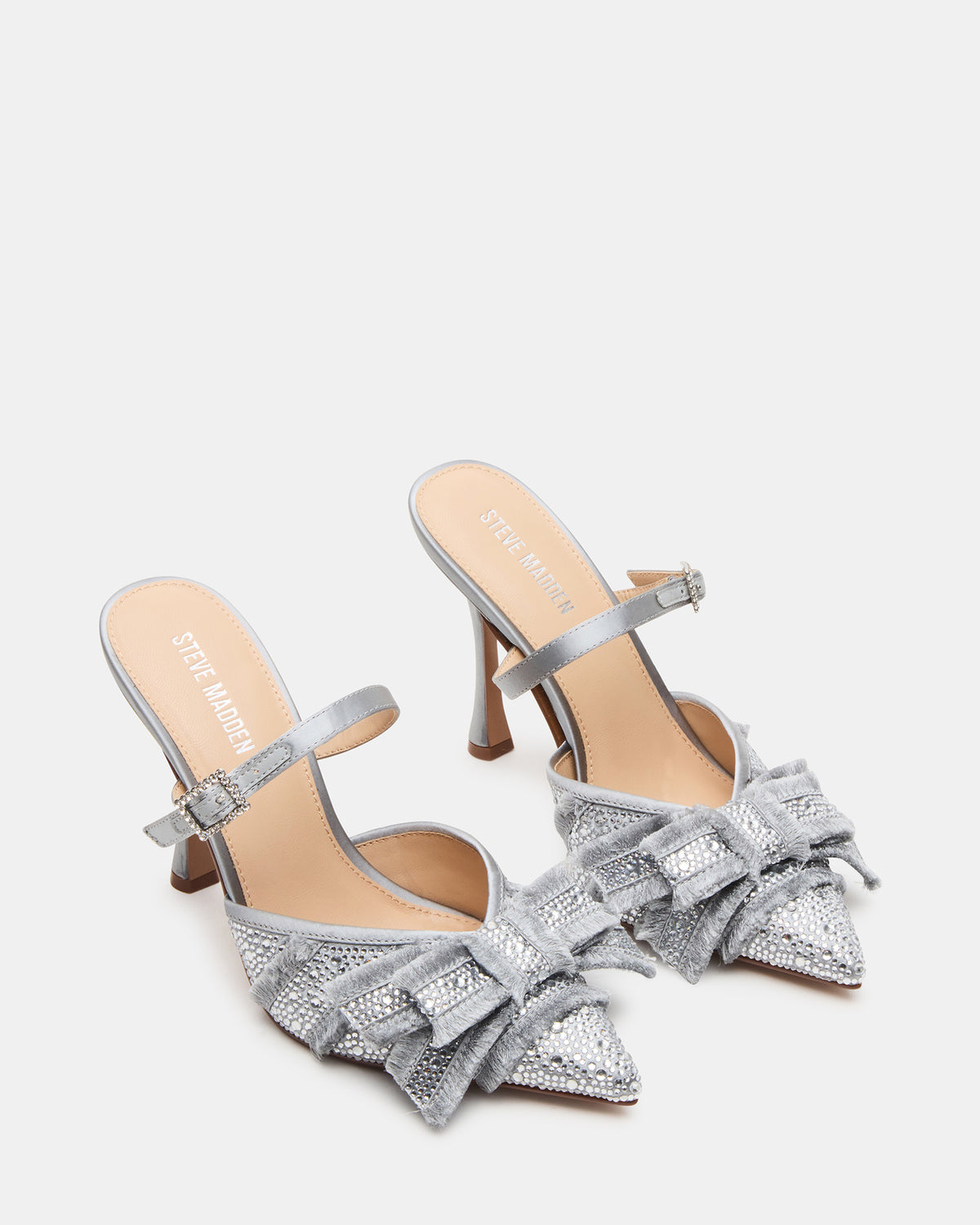 BAYLIN Grey Satin Rhinestones Bow Pointed-Toe Stiletto Women's Heel | Steve Madden Latest