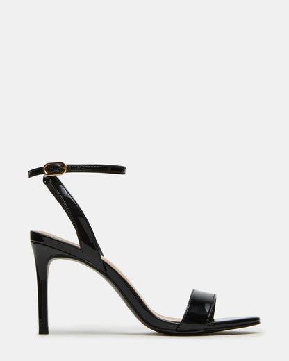 SUZIE Black Patent Women's Open Toe Stiletto Strappy Heel | Steve Madden New