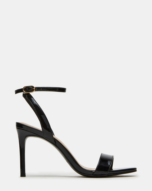 SUZIE Black Patent Women's Open Toe Stiletto Strappy Heel | Steve Madden New