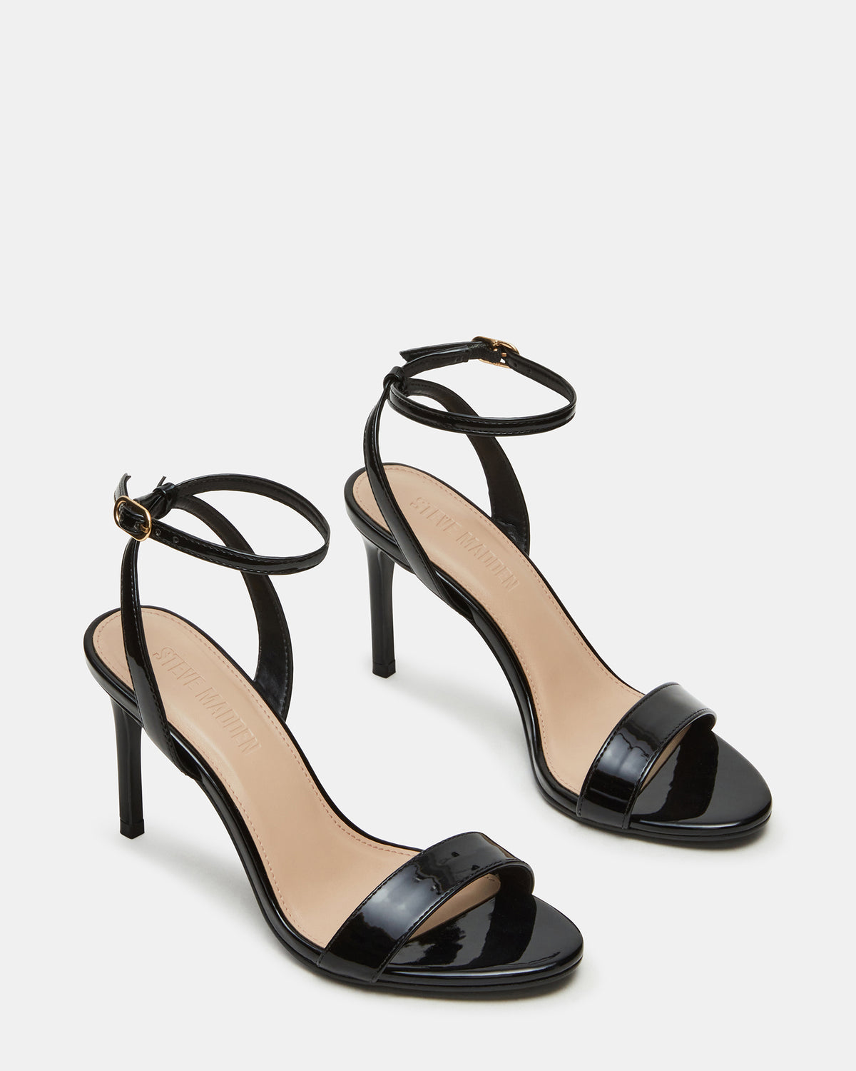 SUZIE Black Patent Women's Open Toe Stiletto Strappy Heel | Steve Madden New
