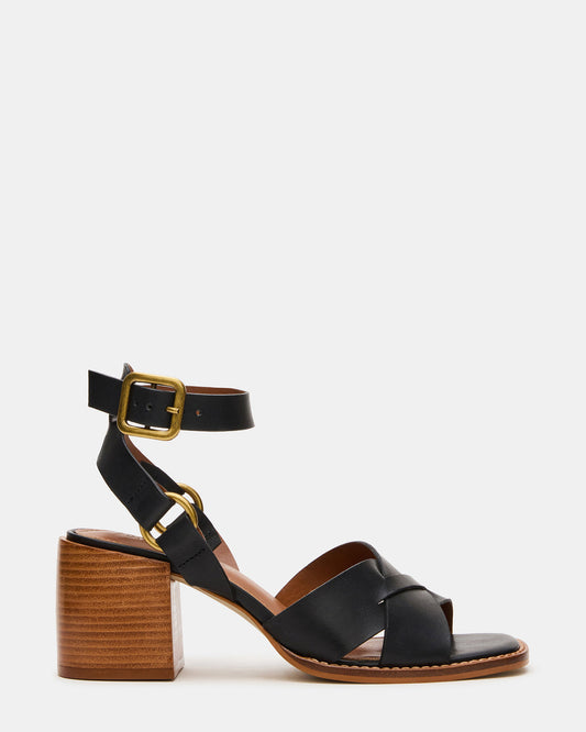 TRURO Black Leather Strappy Wood Bottom Square-Toe Women's Heel | Steve Madden New