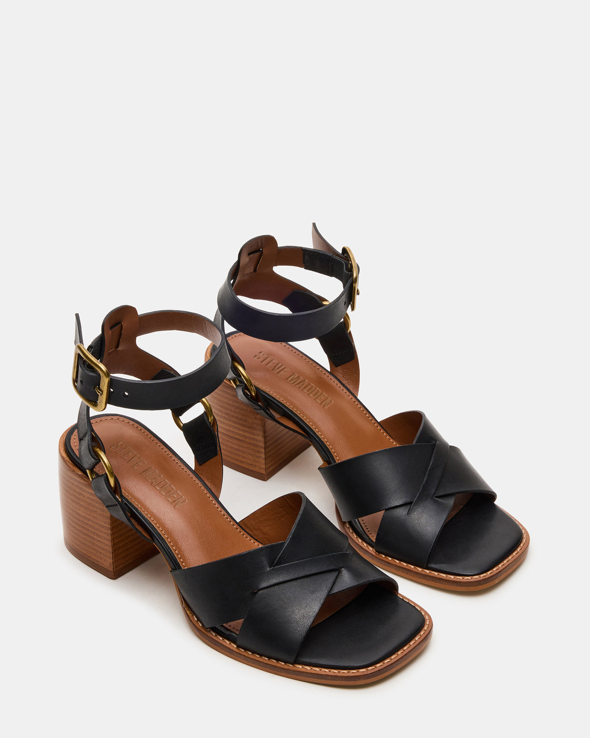 TRURO Black Leather Strappy Wood Bottom Square-Toe Women's Heel | Steve Madden New