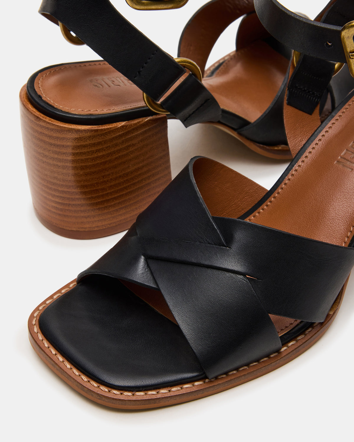 TRURO Black Leather Strappy Wood Bottom Square-Toe Women's Heel | Steve Madden New