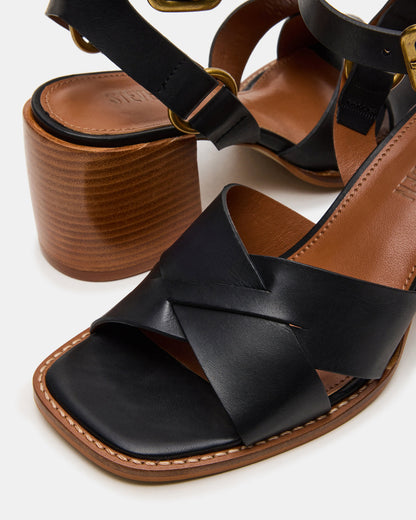 TRURO Black Leather Strappy Wood Bottom Square-Toe Women's Heel | Steve Madden New