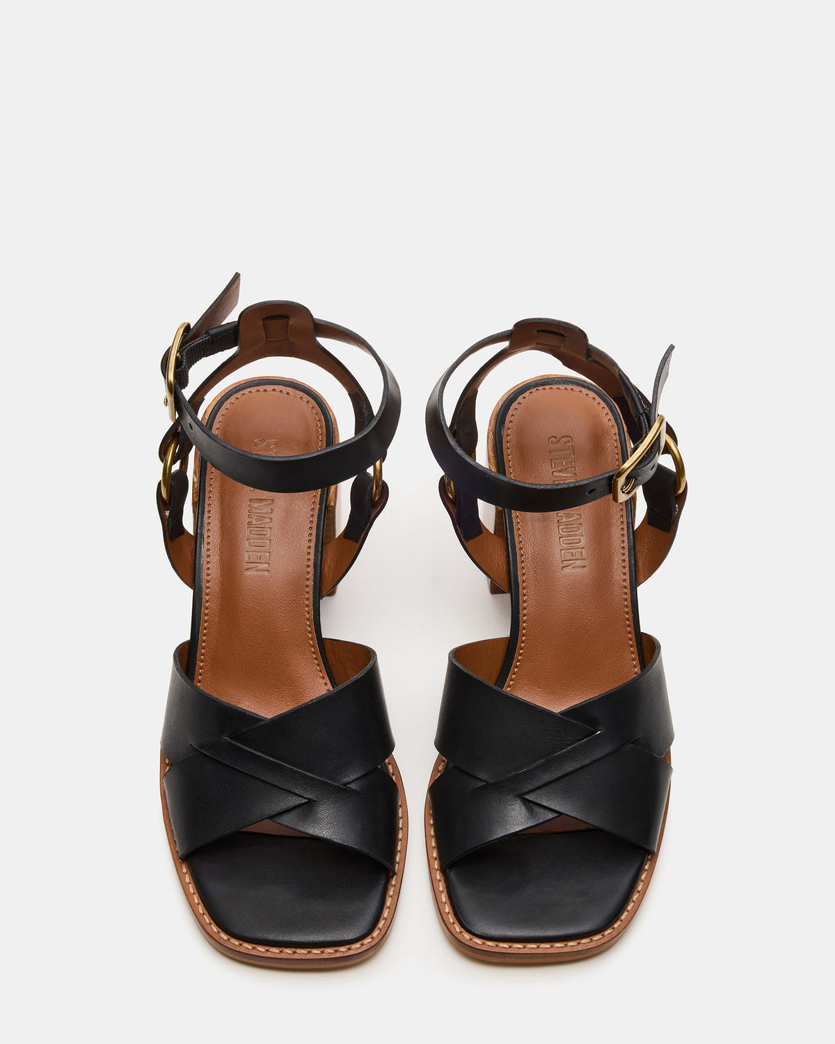 TRURO Black Leather Strappy Wood Bottom Square-Toe Women's Heel | Steve Madden New