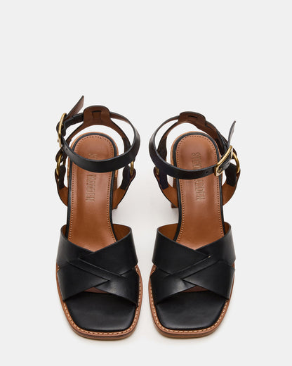 TRURO Black Leather Strappy Wood Bottom Square-Toe Women's Heel | Steve Madden New