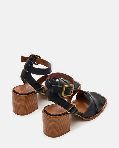 TRURO Black Leather Strappy Wood Bottom Square-Toe Women's Heel | Steve Madden New