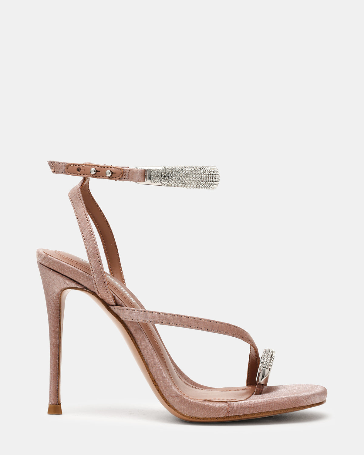 TIA Rhinestones Mocha Satin Open-Toe Stiletto Women's Heel | Steve Madden Value