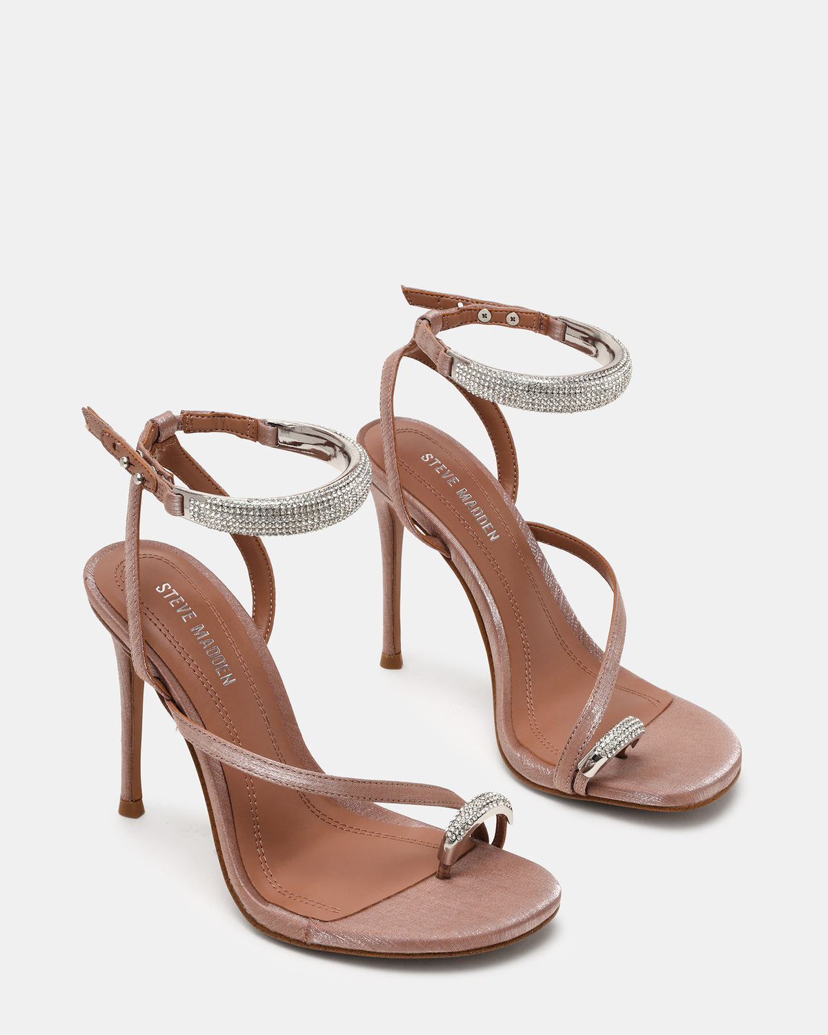 TIA Rhinestones Mocha Satin Open-Toe Stiletto Women's Heel | Steve Madden Value