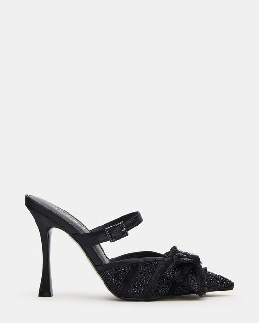BAYLIN Black Satin Rhinestones Bow Pointed-Toe Stiletto Women's Heel | Steve Madden Best Seller