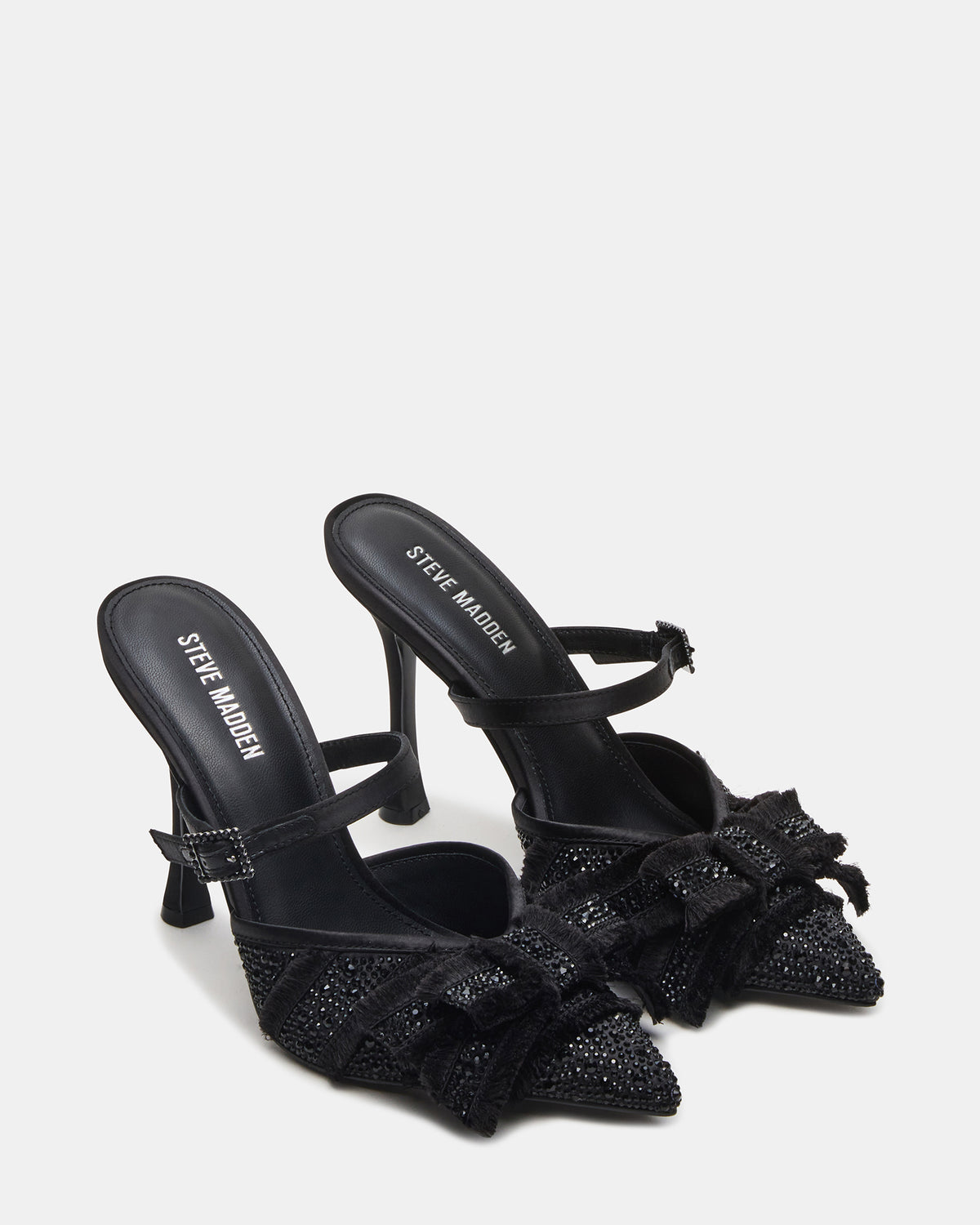 BAYLIN Black Satin Rhinestones Bow Pointed-Toe Stiletto Women's Heel | Steve Madden Best Seller