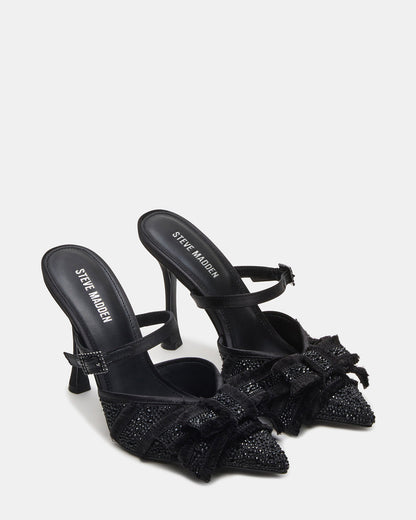 BAYLIN Black Satin Rhinestones Bow Pointed-Toe Stiletto Women's Heel | Steve Madden Best Seller
