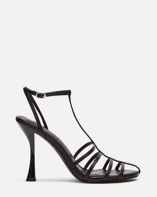 TILDAH Black Leather Strappy Rounded Toe Women's Heel | Steve Madden Special Offer