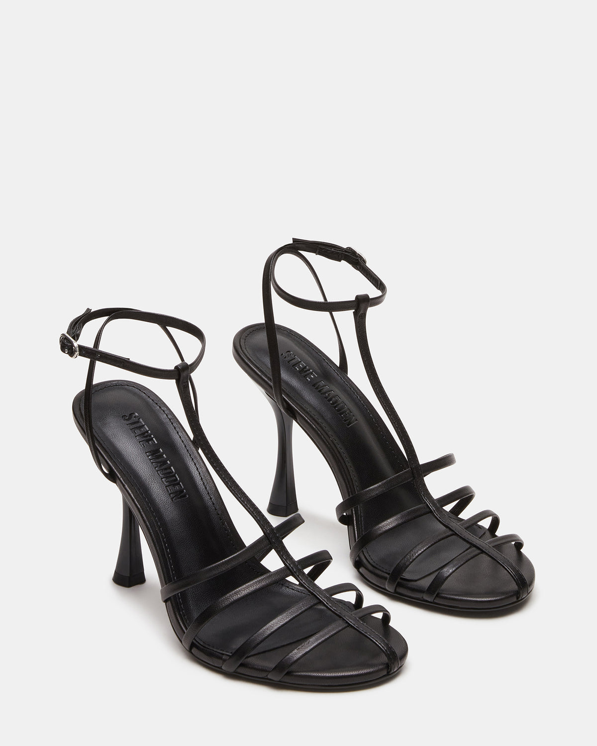 TILDAH Black Leather Strappy Rounded Toe Women's Heel | Steve Madden Special Offer
