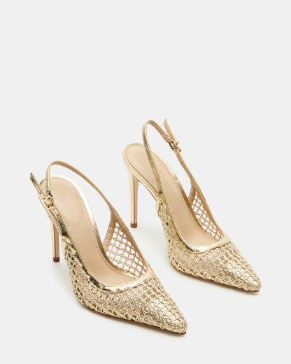 REYES Woven Gold Slingback Stiletto Pointed-Toe Pump Women's Heel | Steve Madden Sale