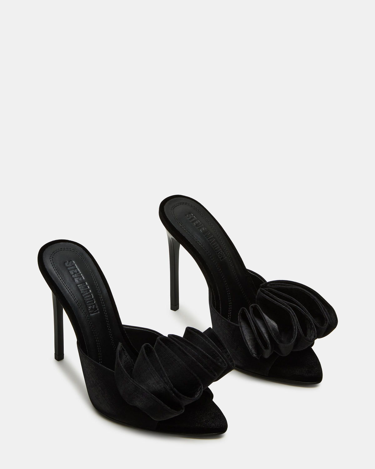 AFFINITY Black Satin Pointed-Toe Stiletto Mule Women's Heel | Steve Madden Classic