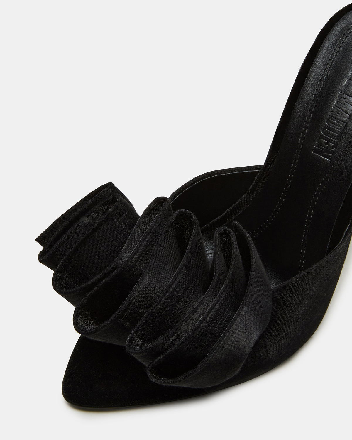 AFFINITY Black Satin Pointed-Toe Stiletto Mule Women's Heel | Steve Madden Classic
