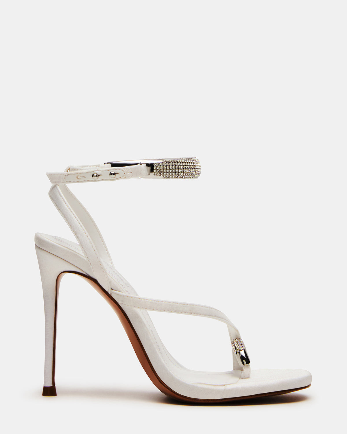 TIA Rhinestones White Satin Open-Toe Stiletto Women's Heel | Steve Madden Signature