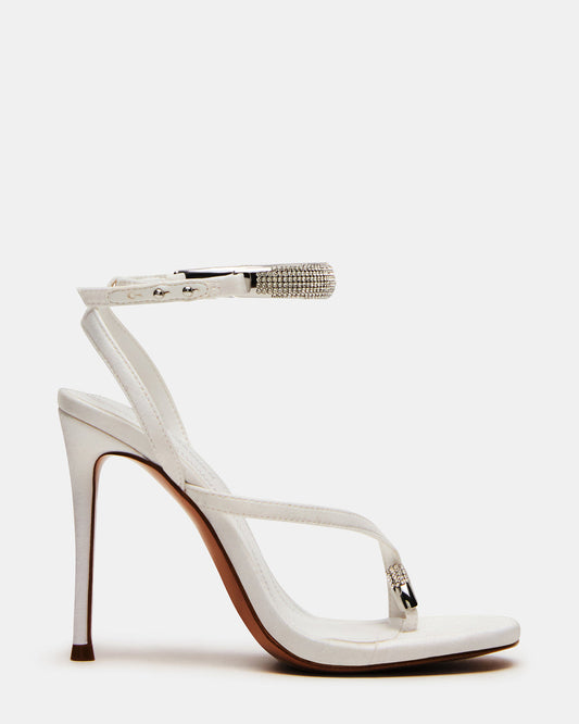 TIA Rhinestones White Satin Open-Toe Stiletto Women's Heel | Steve Madden Signature