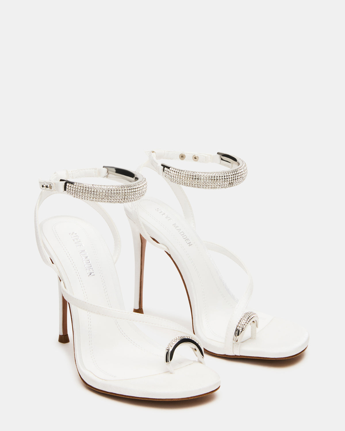 TIA Rhinestones White Satin Open-Toe Stiletto Women's Heel | Steve Madden Signature