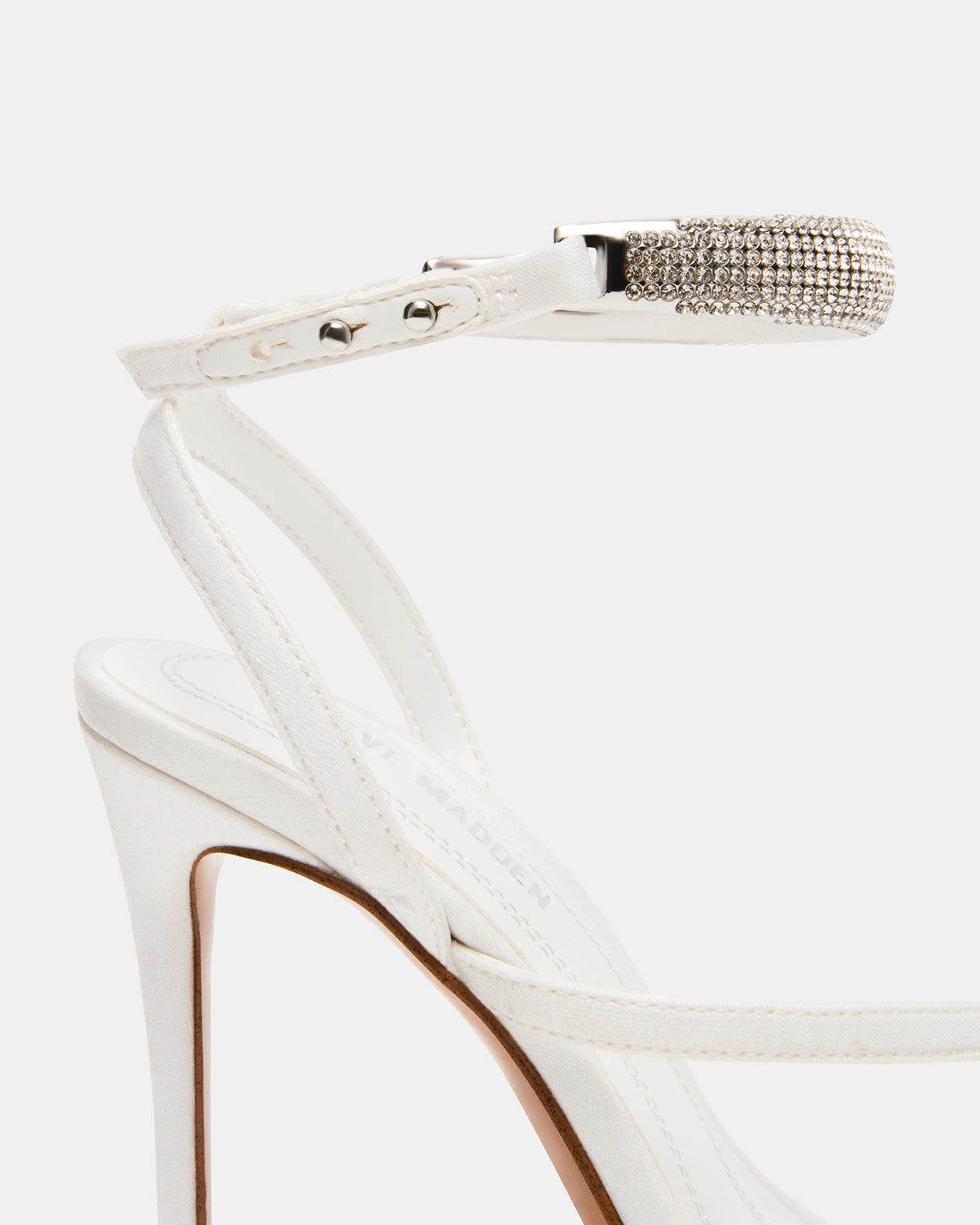 TIA Rhinestones White Satin Open-Toe Stiletto Women's Heel | Steve Madden Signature