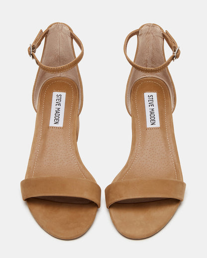IRENNEW Tan Nubuck Women's Wide Width Heeled Sandal | Steve Madden Latest