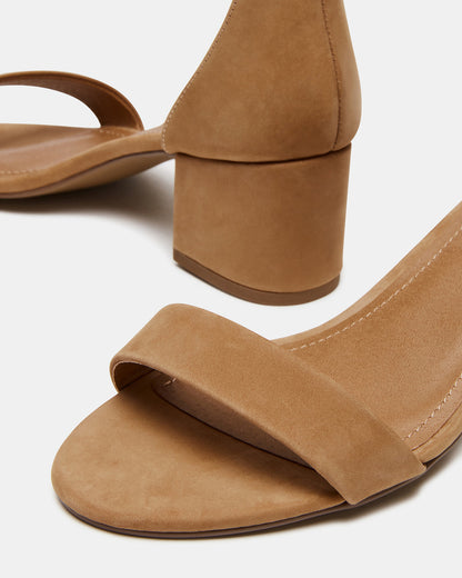 IRENNEW Tan Nubuck Women's Wide Width Heeled Sandal | Steve Madden Latest